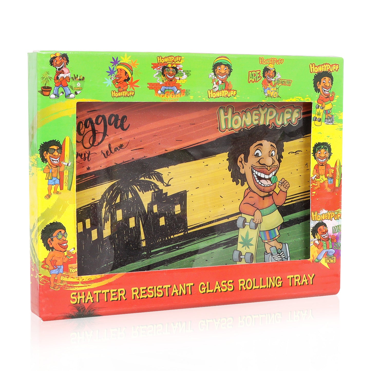 HONEYPUFF Glass Rolling Tray, Shatter Resistant Cigarette Rolling Tray, Rasta Style Rolling Paper Tray, 6.3” x 4.7” Size Cigarette Rolling Tray