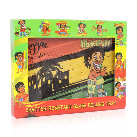 HONEYPUFF Glass Rolling Tray, Shatter Resistant Cigarette Rolling Tray, Rasta Style Rolling Paper Tray, 6.3” x 4.7” Size Cigarette Rolling Tray