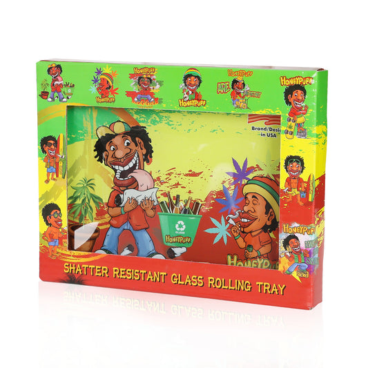 HONEYPUFF Glass Rolling Tray, Shatter Resistant Cigarette Rolling Tray, Rasta Style Rolling Paper Tray, 6.3” x 4.7” Size Cigarette Rolling Tray