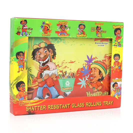 HONEYPUFF Glass Rolling Tray, Shatter Resistant Cigarette Rolling Tray, Rasta Style Rolling Paper Tray, 6.3” x 4.7” Size Cigarette Rolling Tray