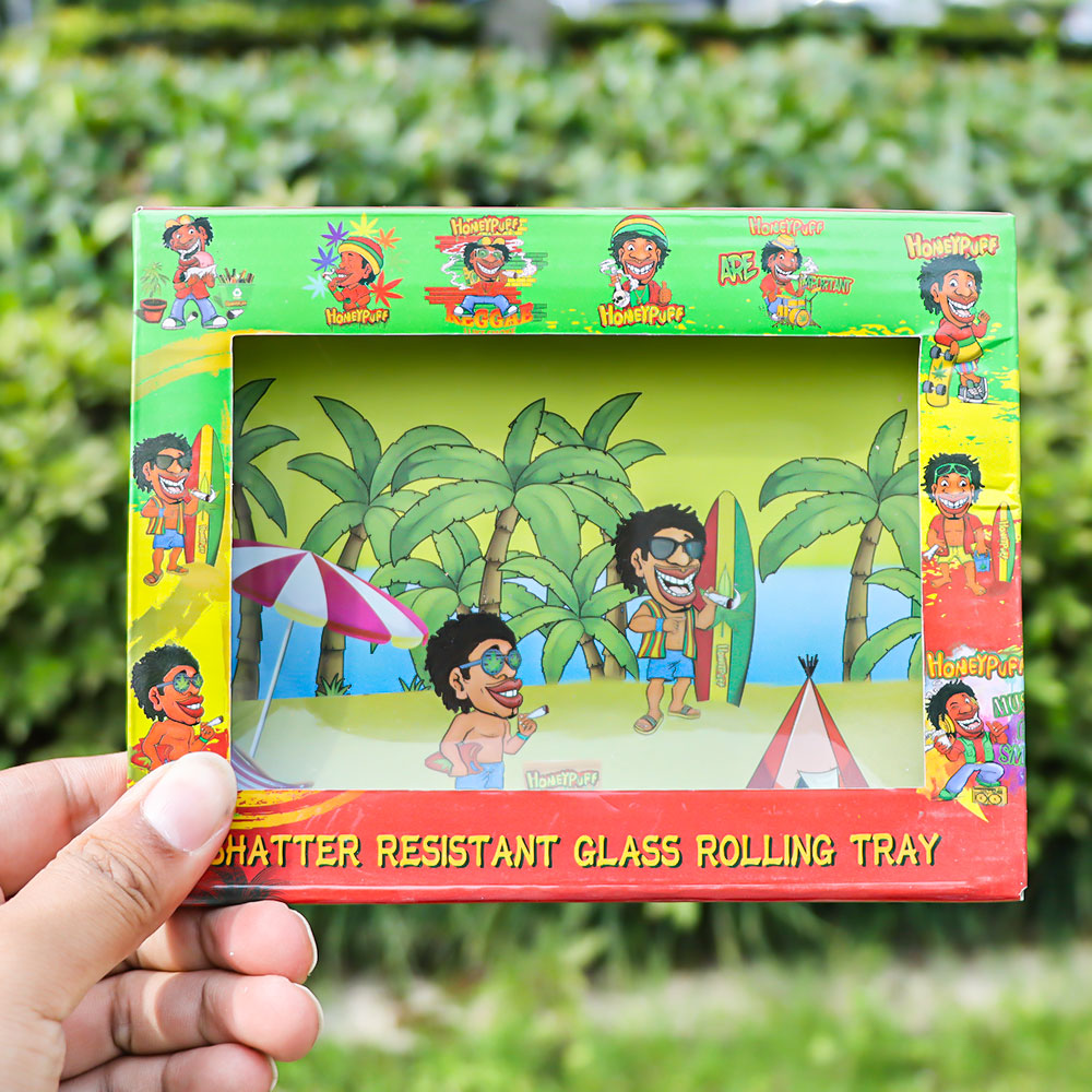 HONEYPUFF Glass Rolling Tray, Shatter Resistant Cigarette Rolling Tray, Rasta Style Rolling Paper Tray, 6.3” x 4.7” Size Cigarette Rolling Tray