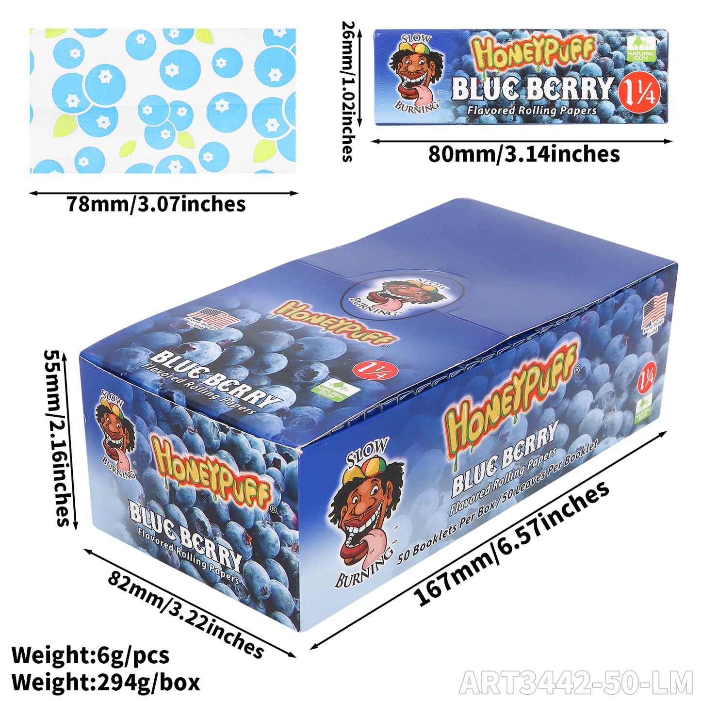 HONEYPUFF 1 1/4 Size Blueberry  Flavored Rolling Papers, Slow Burning Cigarette Rolling Papers (50 PCS)