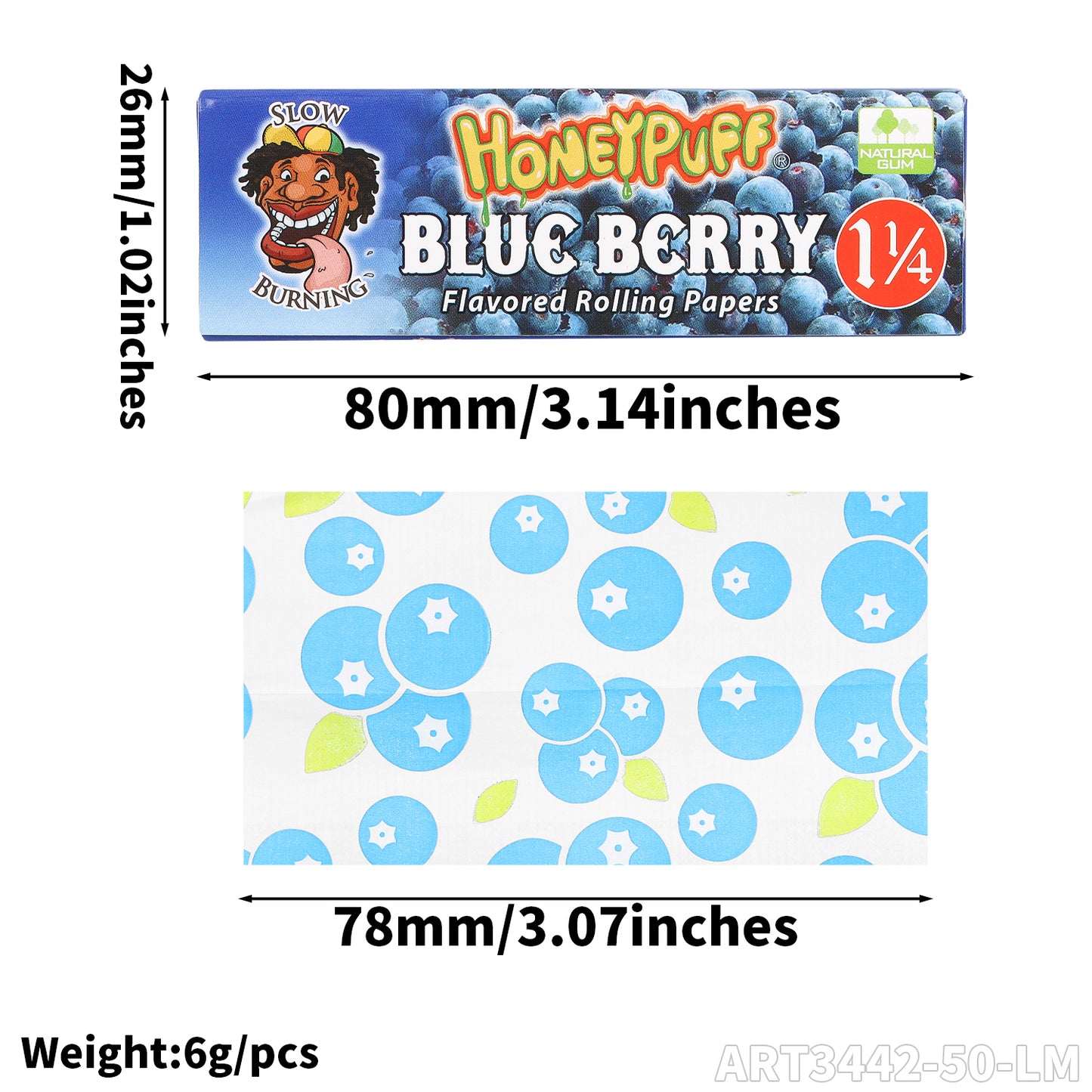 HONEYPUFF 1 1/4 Size Blueberry  Flavored Rolling Papers, Slow Burning Cigarette Rolling Papers (50 PCS)
