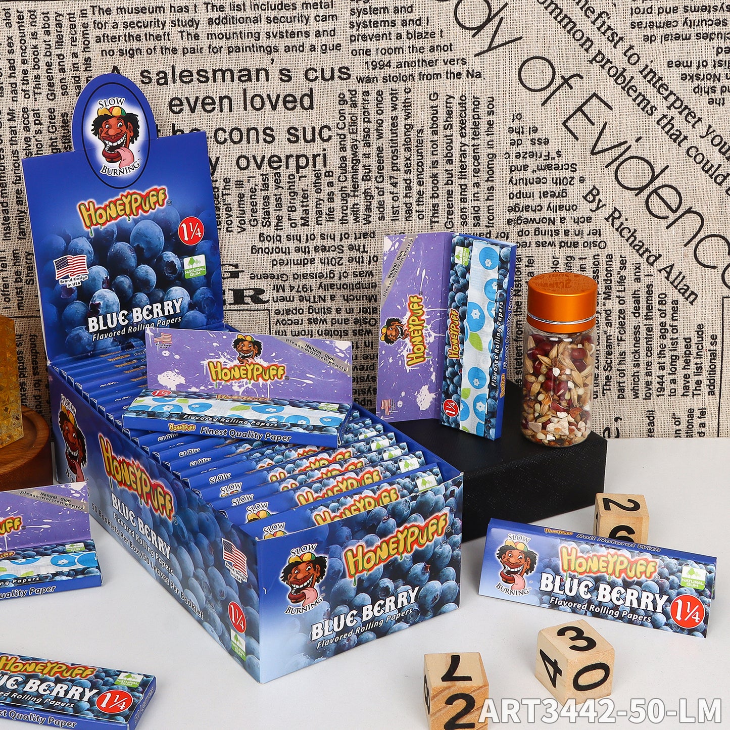 HONEYPUFF 1 1/4 Size Blueberry  Flavored Rolling Papers, Slow Burning Cigarette Rolling Papers (50 PCS)