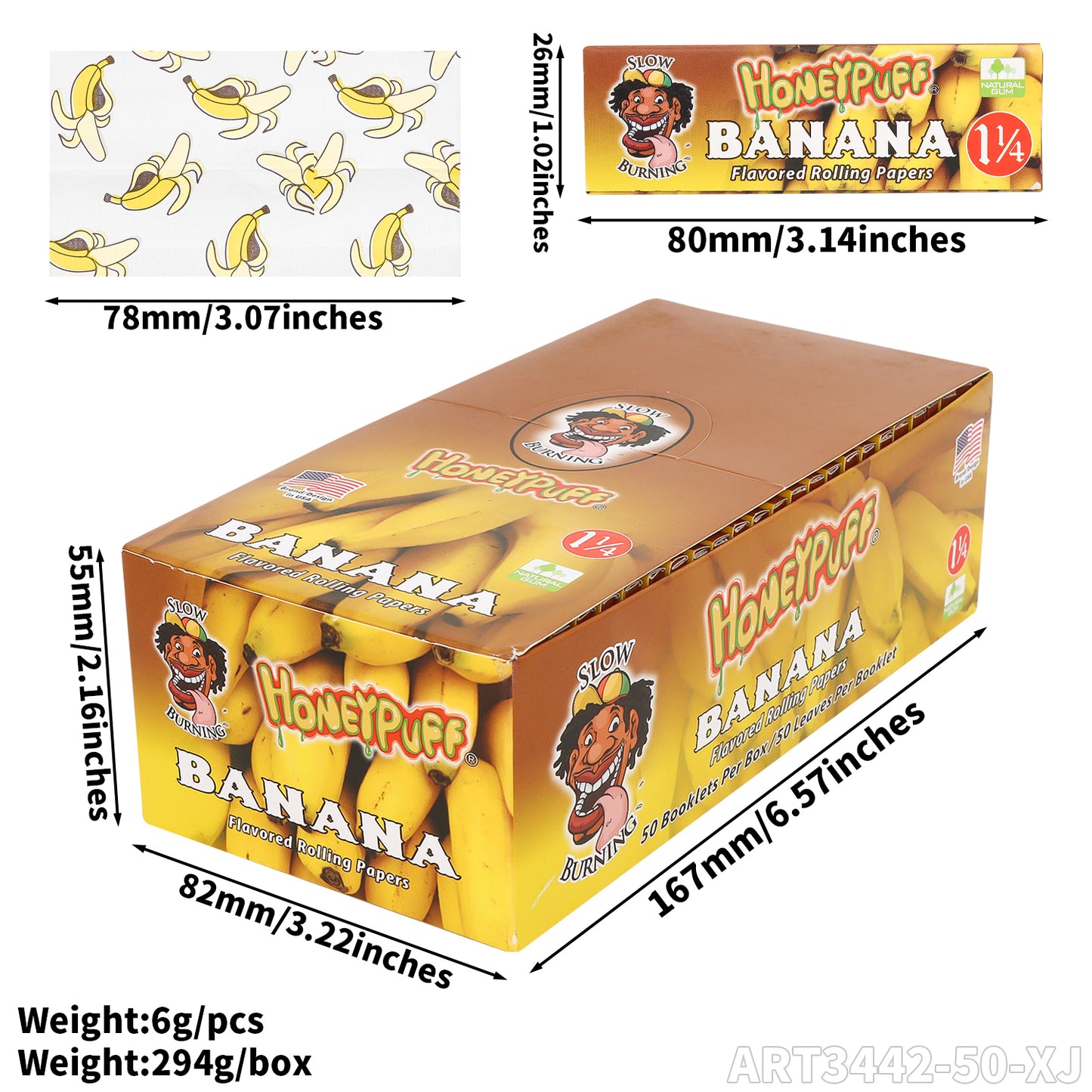 HONEYPUFF 1 1/4 Size Banana  Flavored Rolling Papers, Slow Burning Cigarette Rolling Papers (50 PCS)