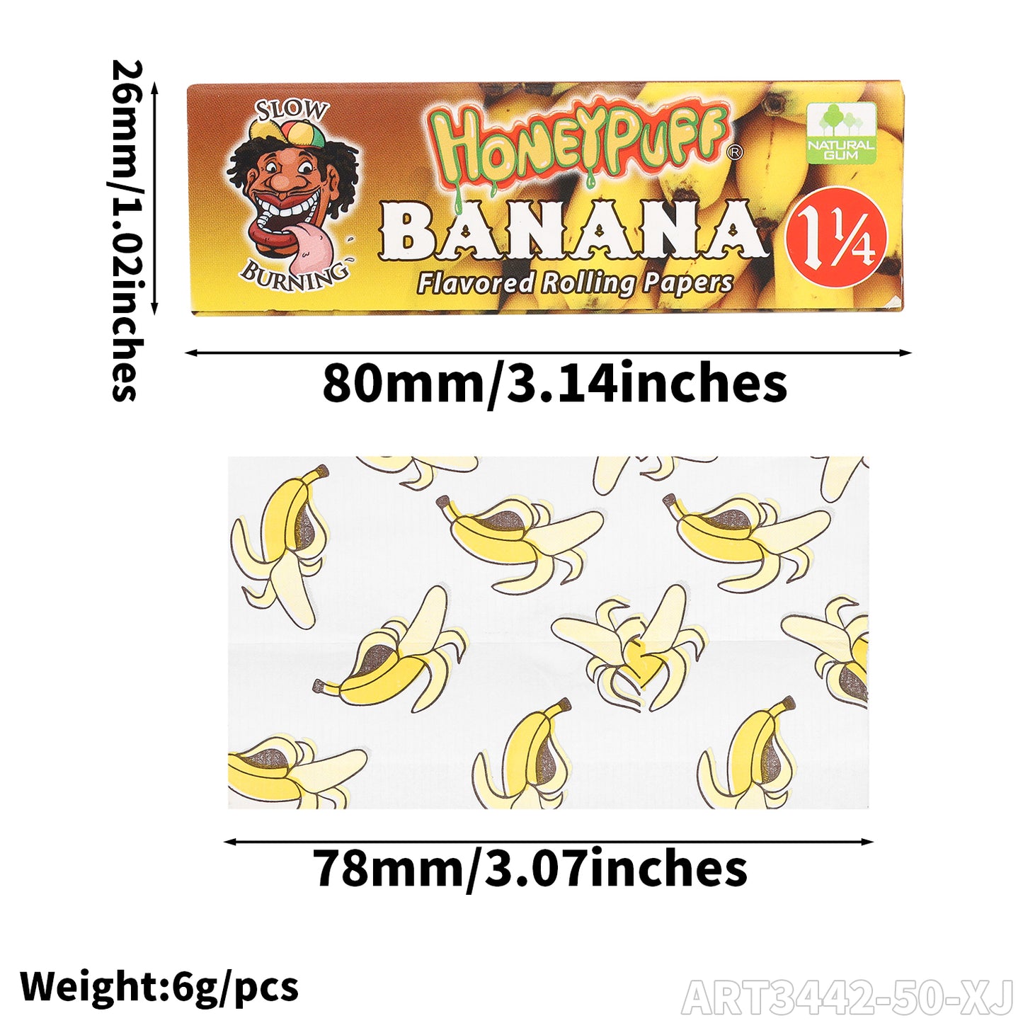 HONEYPUFF 1 1/4 Size Banana  Flavored Rolling Papers, Slow Burning Cigarette Rolling Papers (50 PCS)