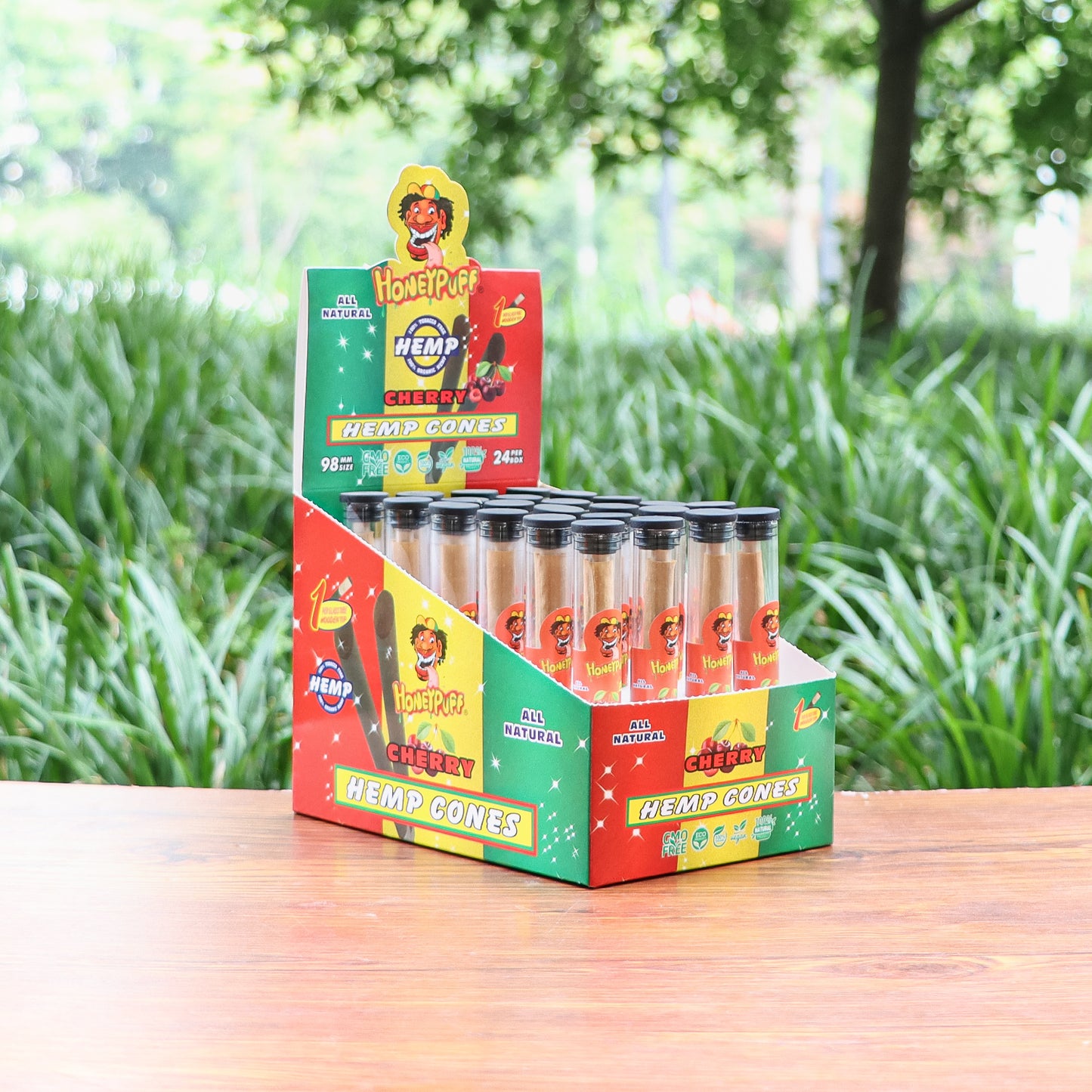HONEYPUFF 98 mmFruit Flavored Pre Rolled Cones, Wood Tips Rolling Cones & Glass Cigarette Holder, 1 PCS /Tube 24Tubes / Box