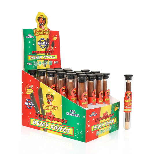 HONEYPUFF 98 mm Strawberry Flavored Pre Rolled Cones, Wood Tips Rolling Cones & Glass Cigarette Holder, 1 PCS /Tube 24Tubes / Box