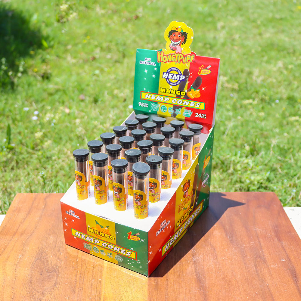 Cônes pré-roulés Honeypuff 98 mm à la mangue, cônes à rouler avec embouts en bois et porte-cigarette en verre, 1 tube, 24 tubes par boîte
