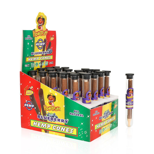 HONEYPUFF 98 mm Blueberry Flavored Pre Rolled Cones, Wood Tips Rolling Cones & Glass Cigarette Holder, 1 PCS /Tube 24Tubes / Box