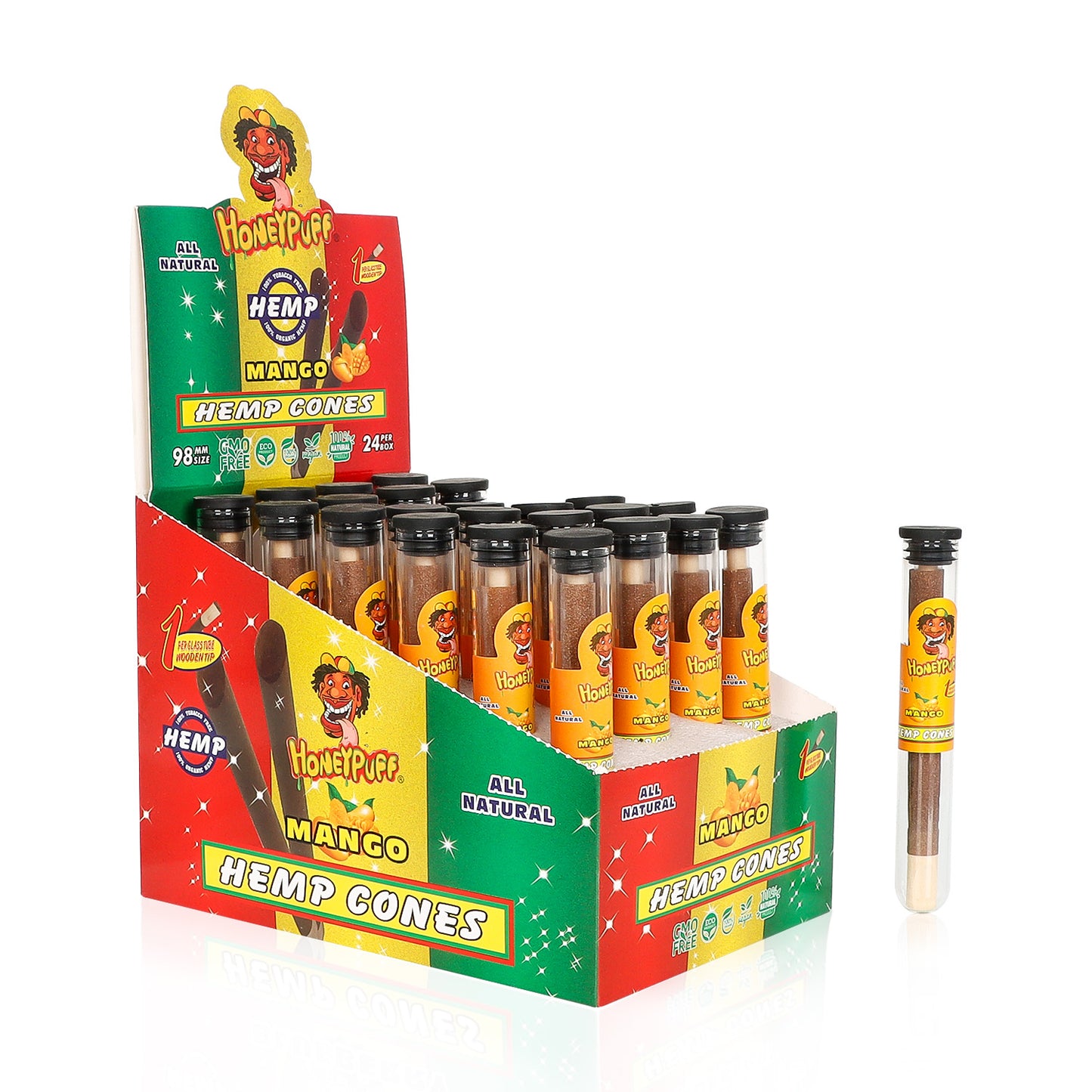 Cônes pré-roulés Honeypuff 98 mm à la mangue, cônes à rouler avec embouts en bois et porte-cigarette en verre, 1 tube, 24 tubes par boîte