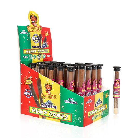 HONEYPUFF 98 mm Grape Flavored Pre Rolled Cones, Wood Tips Rolling Cones & Glass Cigarette Holder, 1 PCS /Tube 24Tubes / Box