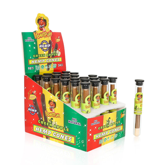 HONEYPUFF 98 mm Green Apple Flavored Pre Rolled Cones, Wood Tips Rolling Cones & Glass Cigarette Holder, 1 PCS /Tube 24Tubes / Box