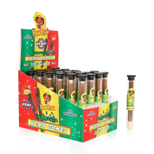 HONEYPUFF 98 mm Vanilla Flavored Pre Rolled Cones, Wood Tips Rolling Cones & Glass Cigarette Holder, 1 PCS /Tube 24Tubes / Box
