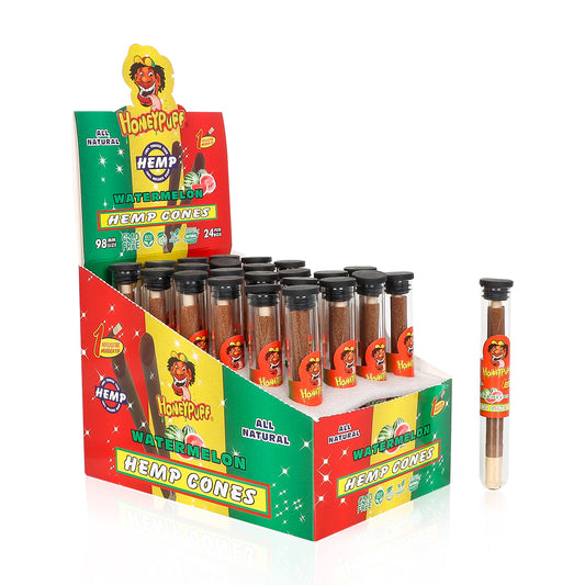 HONEYPUFF 98 mm Watermelon Flavored Pre Rolled Cones, Wood Tips Rolling Cones & Glass Cigarette Holder, 1 PCS /Tube 24Tubes / Box