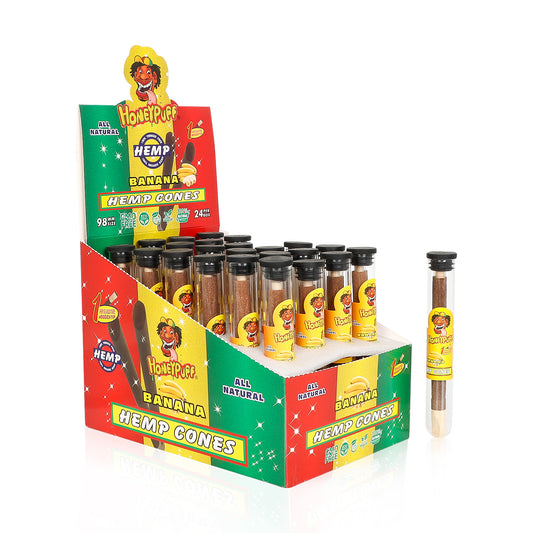HONEYPUFF 98 mm Banana Flavored Pre Rolled Cones, Wood Tips Rolling Cones & Glass Cigarette Holder, 1 PCS /Tube 24Tubes / Box