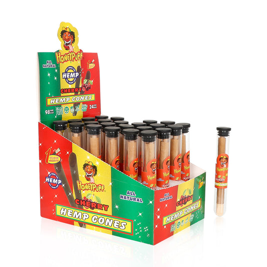 HONEYPUFF 98 mm Cherry Flavored Pre Rolled Cones, Wood Tips Rolling Cones & Glass Cigarette Holder, 1 PCS /Tube 24Tubes / Box