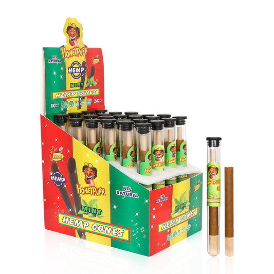 HONEYPUFF Mint Flavors Pre Rolled Cones with Wood Tips, King Size Rolling Paper & Glass Cigarette Holder, Slow Burning Rolling Cones, 1 PCS/ Tube 24 Tubes/Box