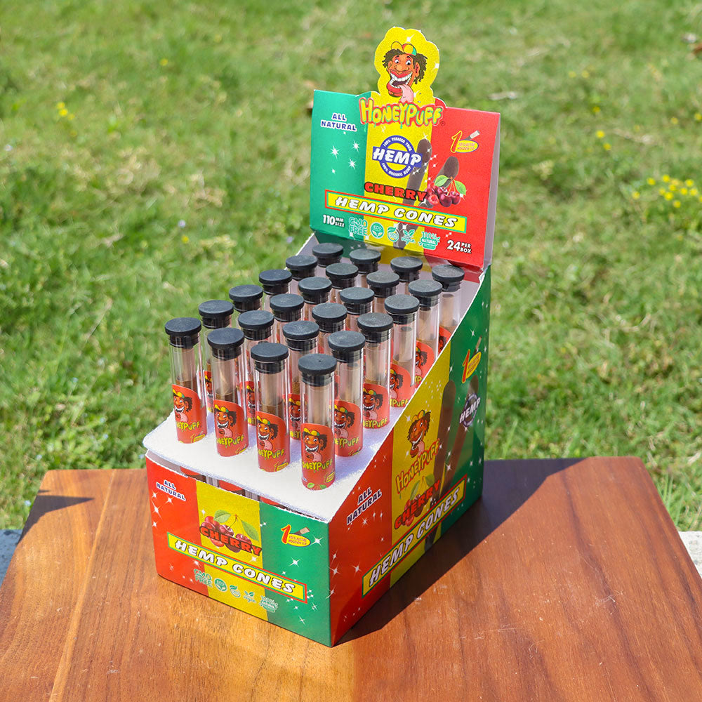 HONEYPUFF 98 mm Fruit Flavored Pre Rolled Cones, Wood Tips Rolling Cones & Glass Cigarette Holder, 1 PCS /Tube 24Tubes / Box