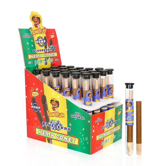 HONEYPUFF Blueberry Flavors Pre Rolled Cones with Wood Tips, King Size Rolling Paper & Glass Cigarette Holder, Slow Burning Rolling Cones, 1 PCS/ Tube 24 Tubes/Box