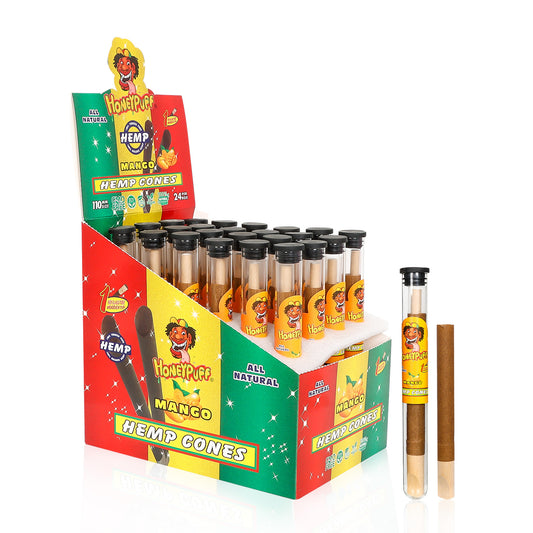 HONEYPUFF Mango Flavors Pre Rolled Cones with Wood Tips, King Size Rolling Paper & Glass Cigarette Holder, Slow Burning Rolling Cones, 1 PCS/ Tube 24 Tubes/Box