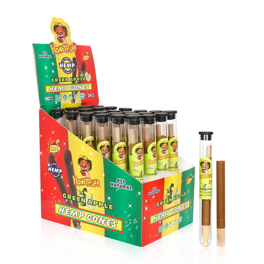 HONEYPUFF Green Apple Flavors Pre Rolled Cones with Wood Tips, King Size Rolling Paper & Glass Cigarette Holder, Slow Burning Rolling Cones, 1 PCS/ Tube 24 Tubes/Box