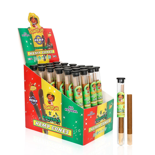 HONEYPUFF Vanilla Flavors Pre Rolled Cones with Wood Tips, King Size Rolling Paper & Glass Cigarette Holder, Slow Burning Rolling Cones, 1 PCS/ Tube 24 Tubes/Box