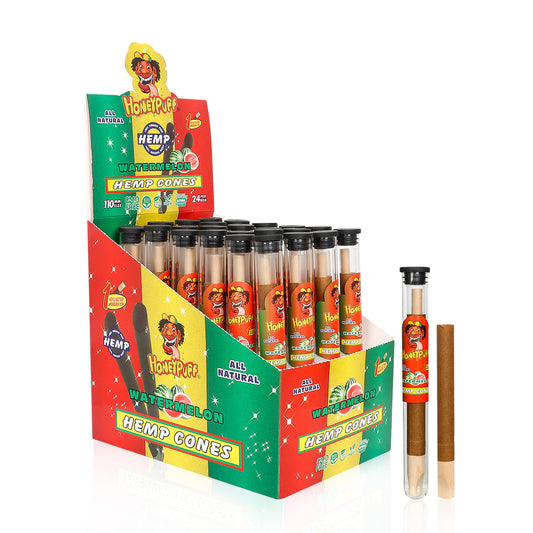 HONEYPUFF Watermelon Flavors Pre Rolled Cones with Wood Tips, King Size Rolling Paper & Glass Cigarette Holder, Slow Burning Rolling Cones, 1 PCS/ Tube 24 Tubes/Box