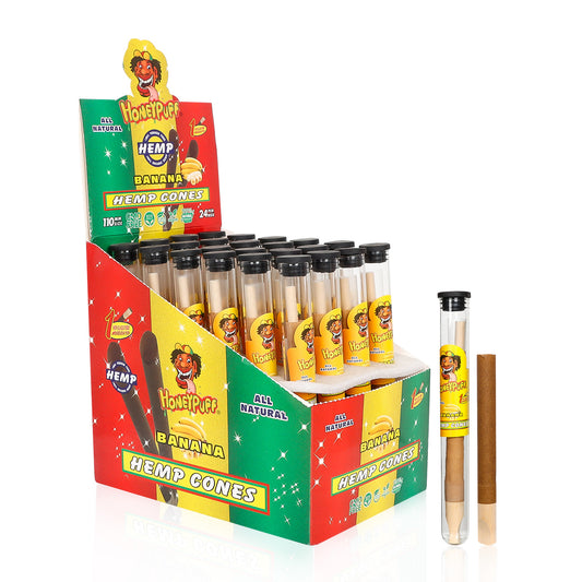 HONEYPUFF Banana Flavors Pre Rolled Cones with Wood Tips, King Size Rolling Paper & Glass Cigarette Holder, Slow Burning Rolling Cones, 1 PCS/ Tube 24 Tubes/Box