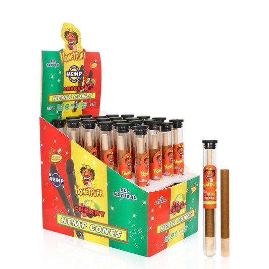 HONEYPUFF Cherry Flavors Pre Rolled Cones with Wood Tips, King Size Rolling Paper & Glass Cigarette Holder, Slow Burning Rolling Cones, 1 PCS/ Tube 24 Tubes/Box