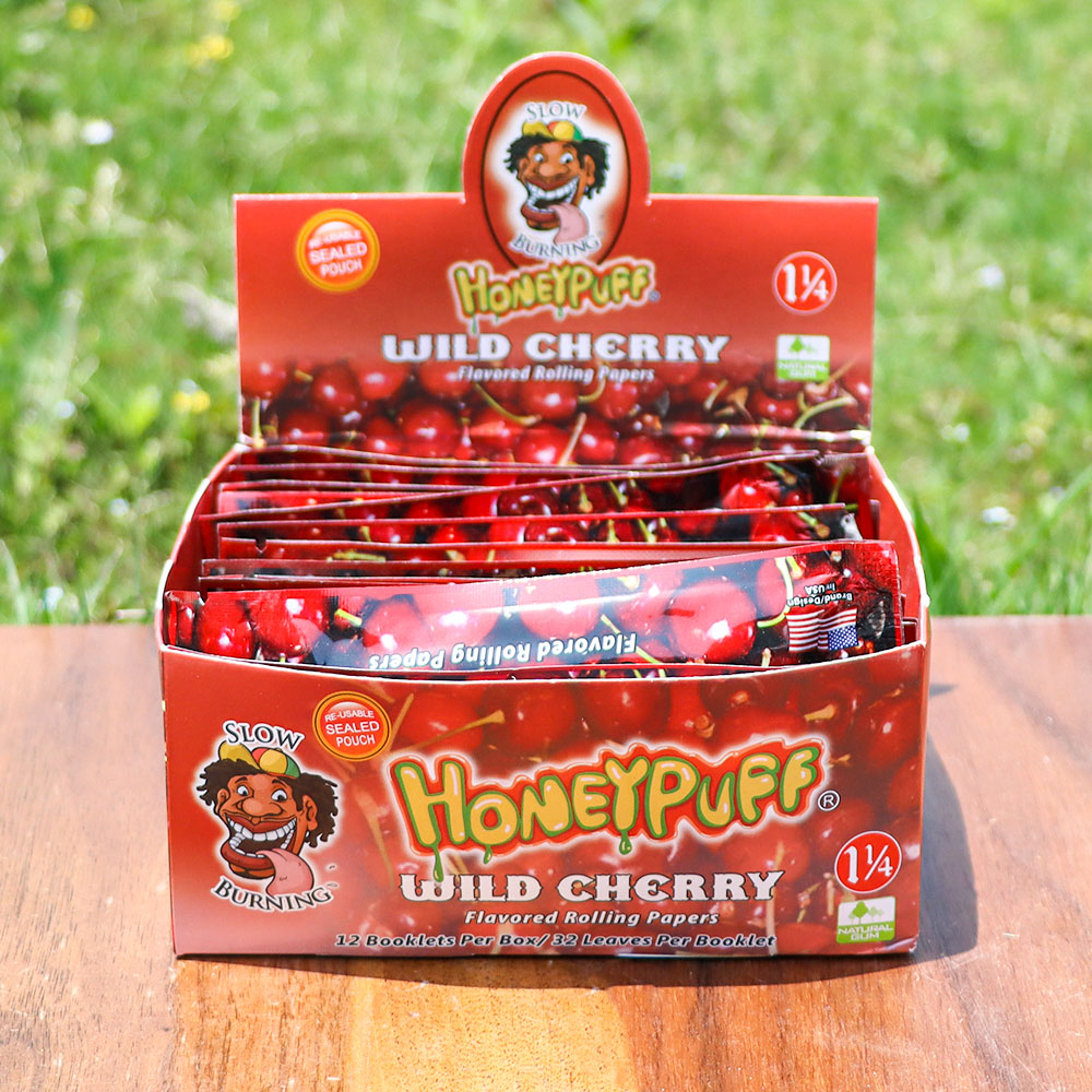 HONEYPUFF 1 1/4 Size Cherry Flavor Rolling Papers, Natural Cigarette Rolling Papers, 12 Pack / Case
