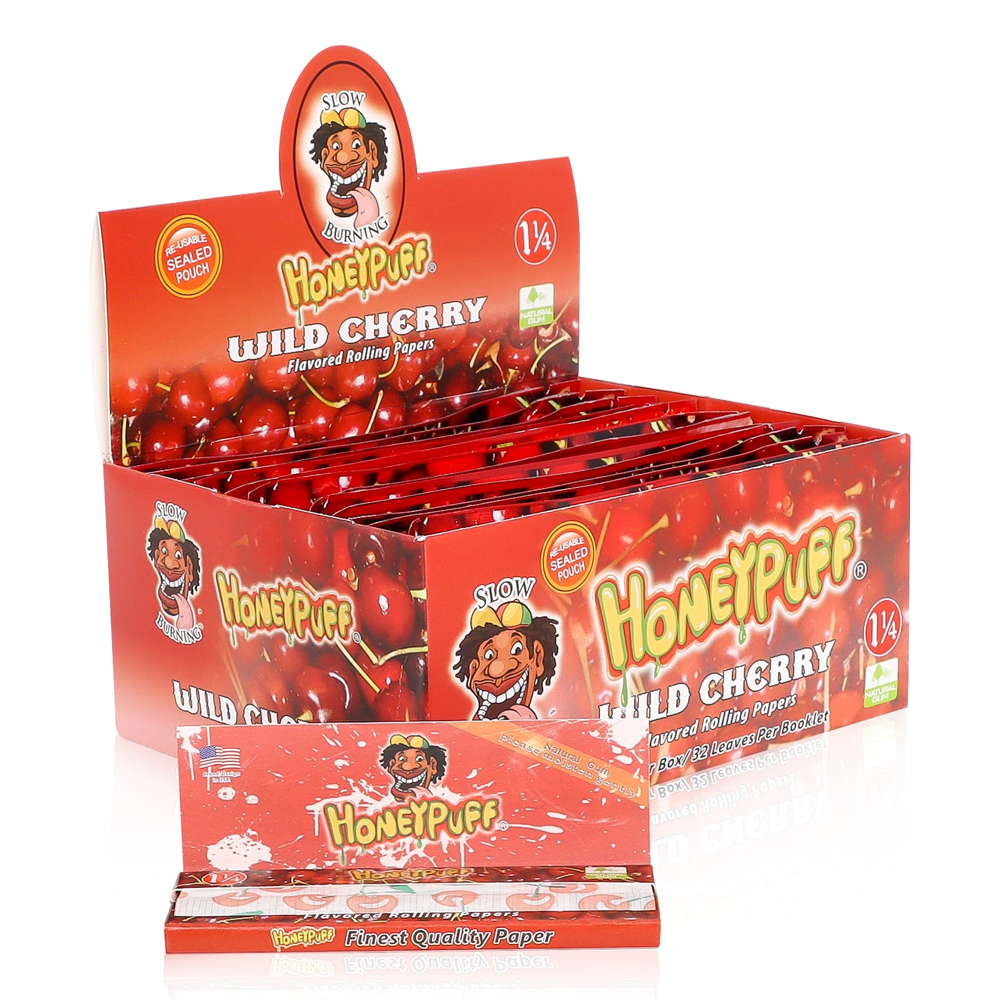 HONEYPUFF 1 1/4 Size Cherry Flavor Rolling Papers, Natural Cigarette Rolling Papers, 12 Pack / Case