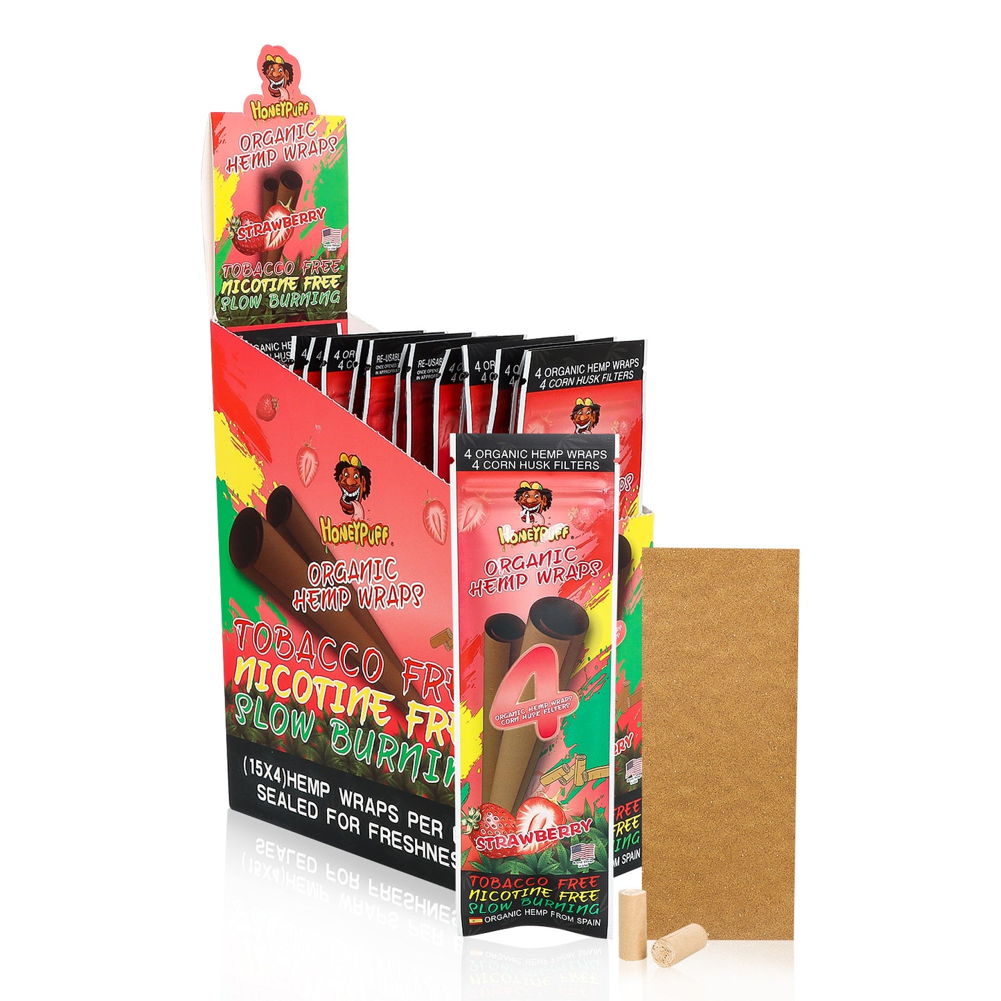HONEYPUFF Strawberry Flavors Rolling Papers, King Size Cigarette Rolling Paper with Tips, Slow Burning Rolling Paper & Biodegradable, 4 Pieces / Pack 15 Pack / Box
