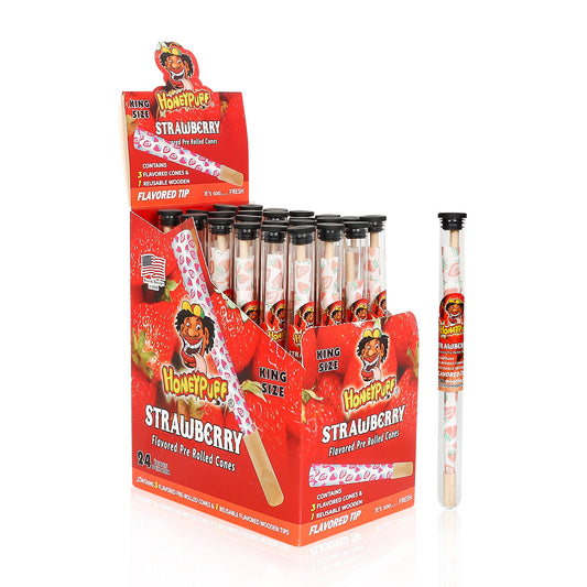 HONEYPUFF Strawberry Flavors Pre Rolled Cones With Wood Tips, King Size Rolling Paper & Glass Cigarette Holder Slow Burning Rolling Cones