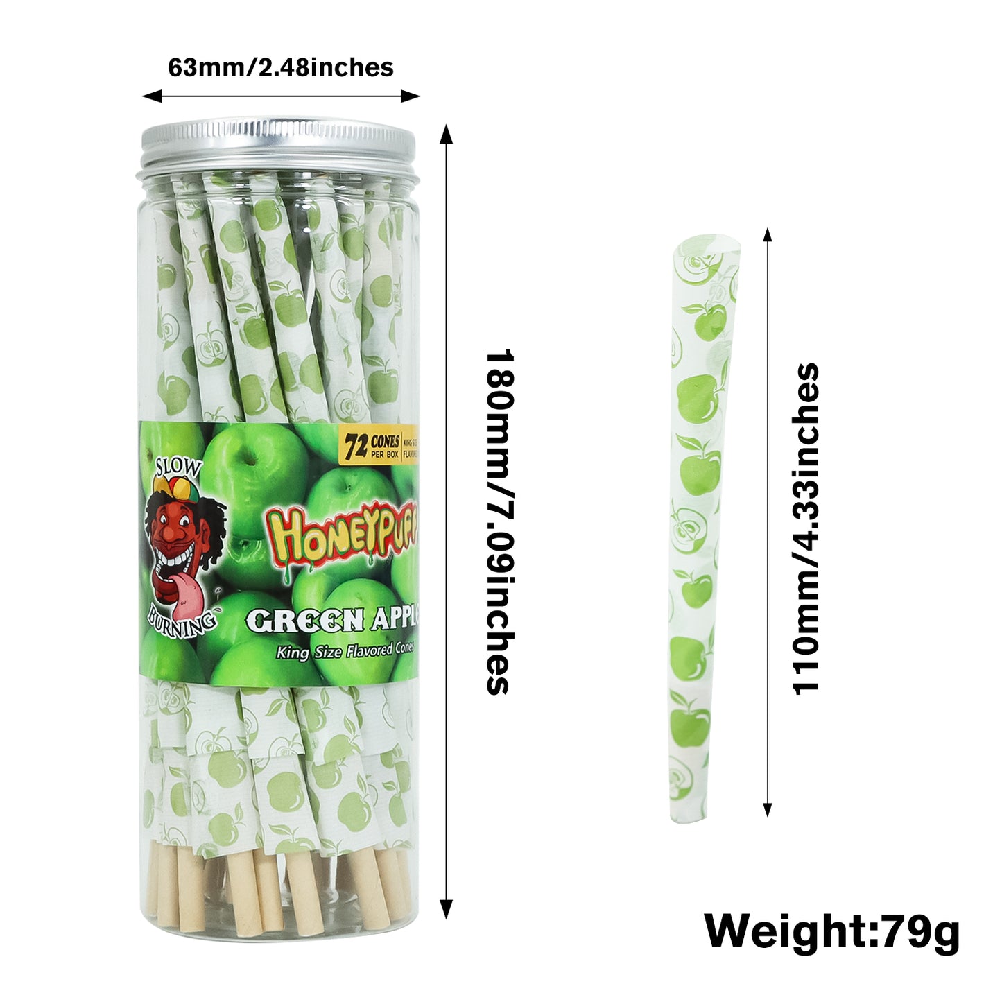 HONEYPUFF Green Apple Flavored Pre Rolled Cones, King Size Rolling Cones with Tips, 72 Pcs Pre Rolled Rolling Paper, Slow Burning Rolling Papers