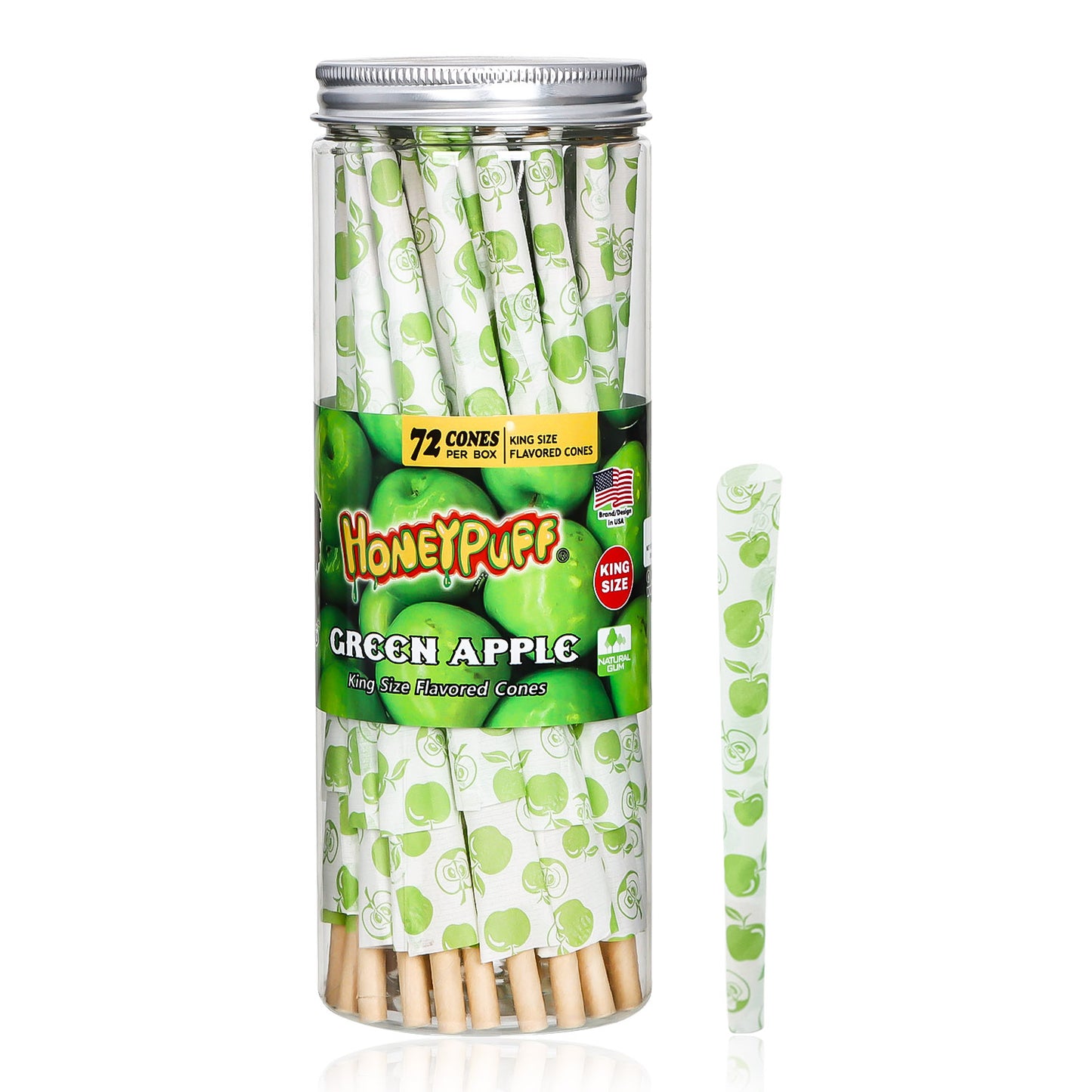 HONEYPUFF Green Apple Flavored Pre Rolled Cones, King Size Rolling Cones with Tips, 72 Pcs Pre Rolled Rolling Paper, Slow Burning Rolling Papers