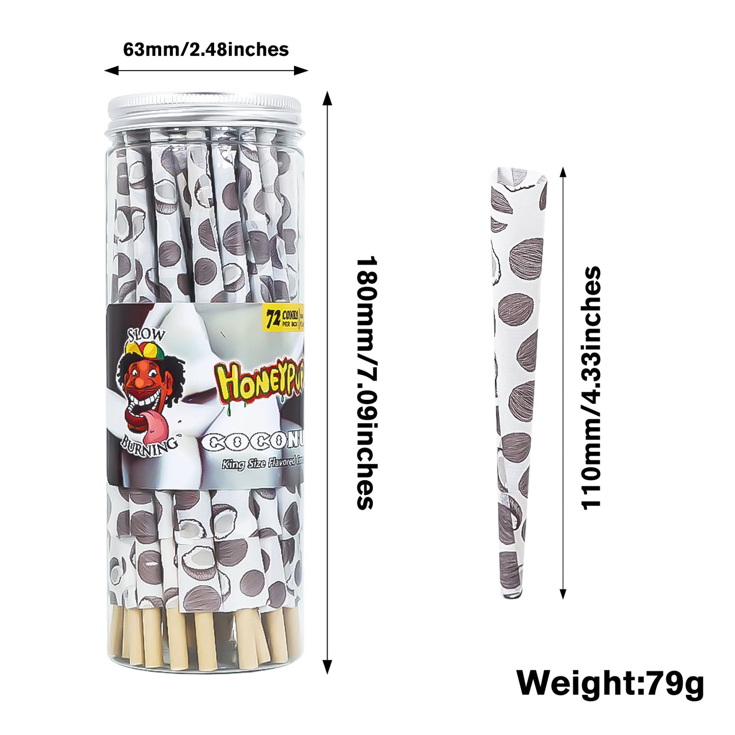 HONEYPUFF Kokosnussgeschmack Vorgerollte Tüten, King Size Vorgerolltes Zigarettenpapier, Natürliches Zigarettenpapier mit Tips, 72 Tüten