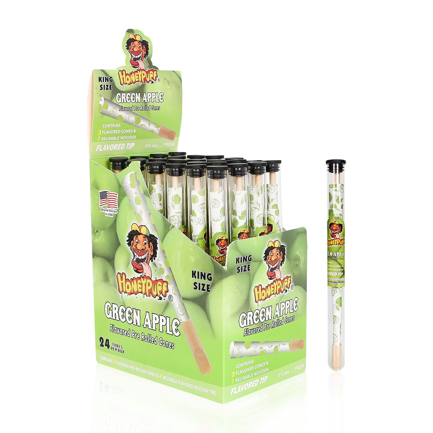 HONEYPUFF Green Apple Flavors Pre Rolled Cones With Wood Tips, King Size Rolling Paper & Glass Cigarette Holder Slow Burning Rolling Cones
