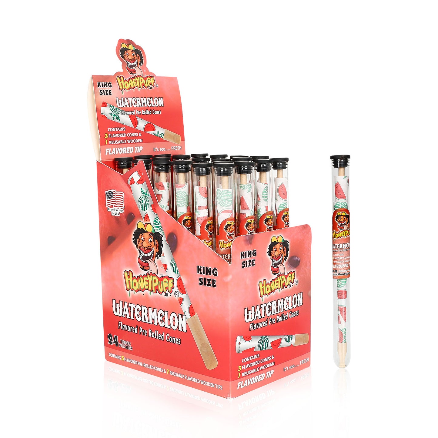 HONEYPUFF Watermelon Flavors Pre Rolled Cones With Wood Tips, King Size Rolling Paper & Glass Cigarette Holder Slow Burning Rolling Cones