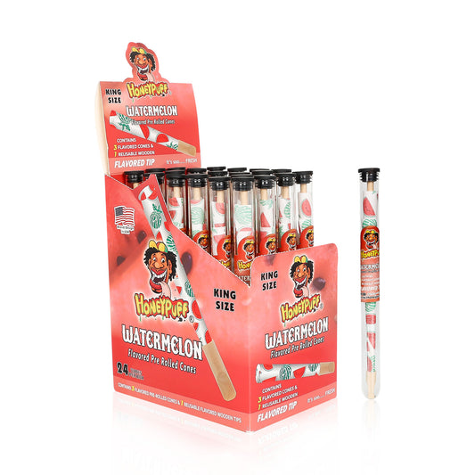 HONEYPUFF Watermelon Flavors Pre Rolled Cones With Wood Tips, King Size Rolling Paper & Glass Cigarette Holder Slow Burning Rolling Cones