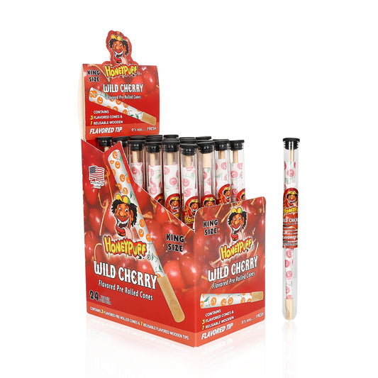 HONEYPUFF Cherry Flavors Pre Rolled Cones With Wood Tips, King Size Rolling Paper & Glass Cigarette Holder Slow Burning Rolling Cones