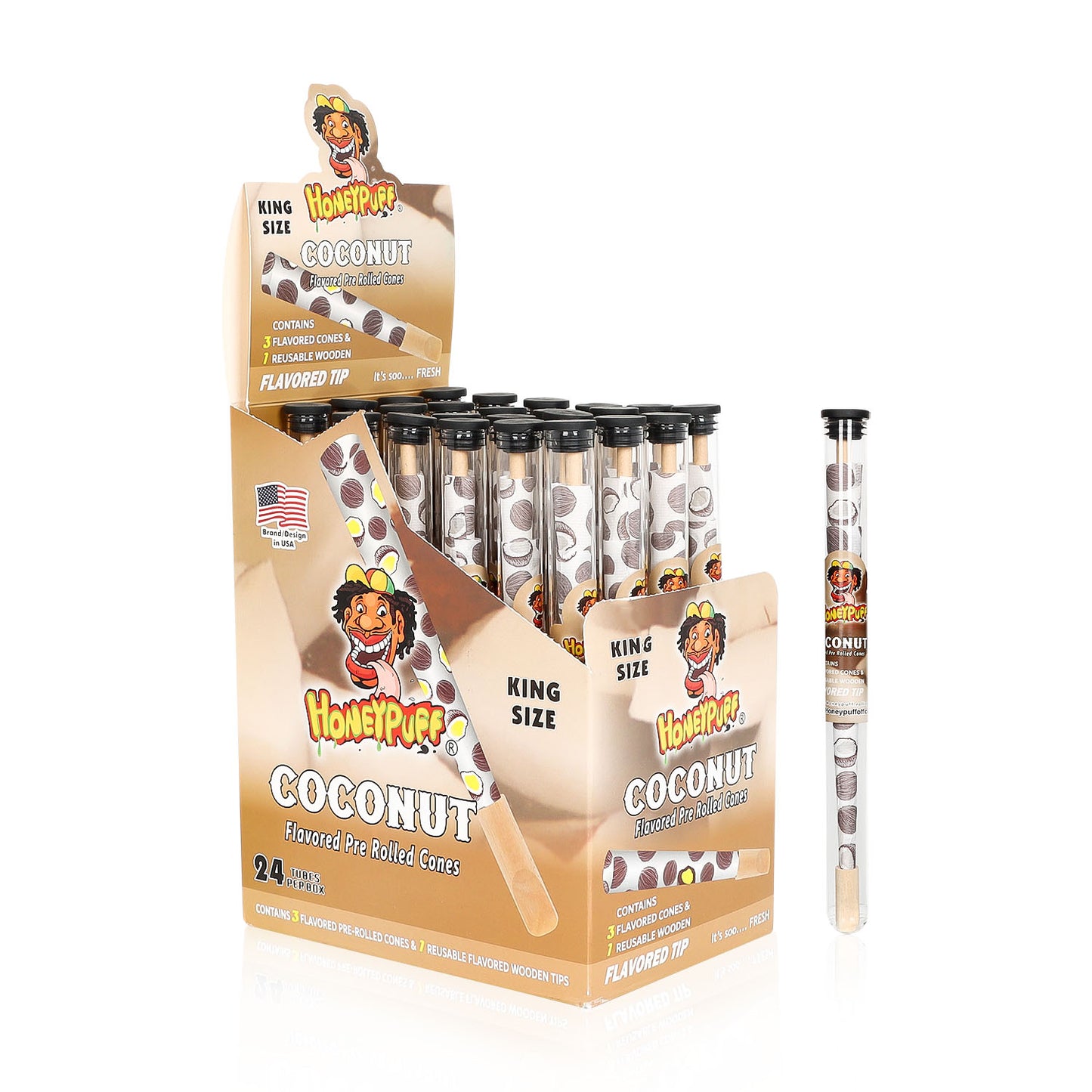 HONEYPUFF Coconut Flavors Pre Rolled Cones With Wood Tips, King Size Rolling Paper & Glass Cigarette Holder Slow Burning Rolling Cones