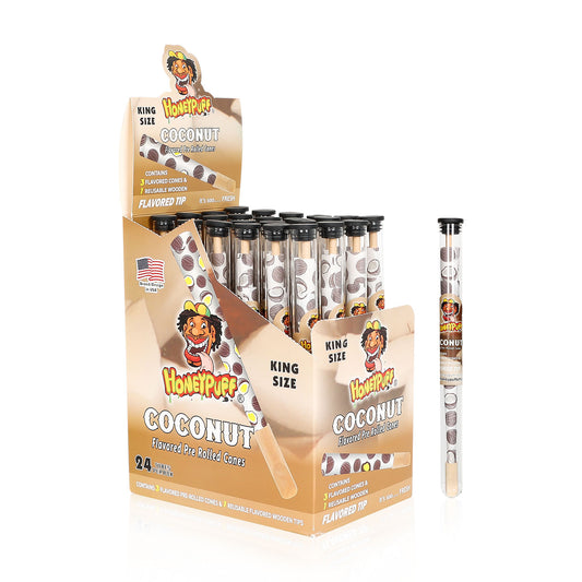 HONEYPUFF Coconut Flavors Pre Rolled Cones With Wood Tips, King Size Rolling Paper & Glass Cigarette Holder Slow Burning Rolling Cones