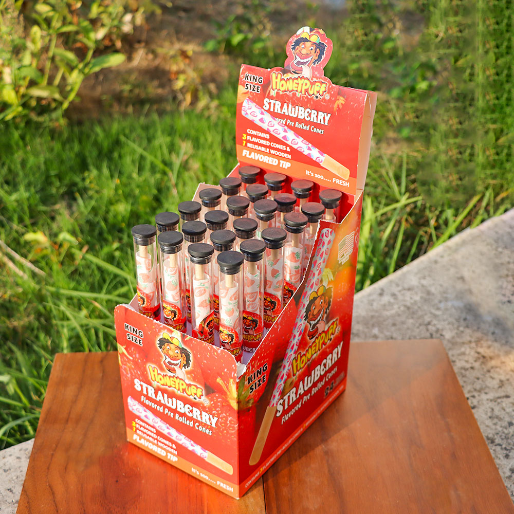 HONEYPUFF Strawberry Flavors Pre Rolled Cones With Wood Tips, King Size Rolling Paper & Glass Cigarette Holder Slow Burning Rolling Cones