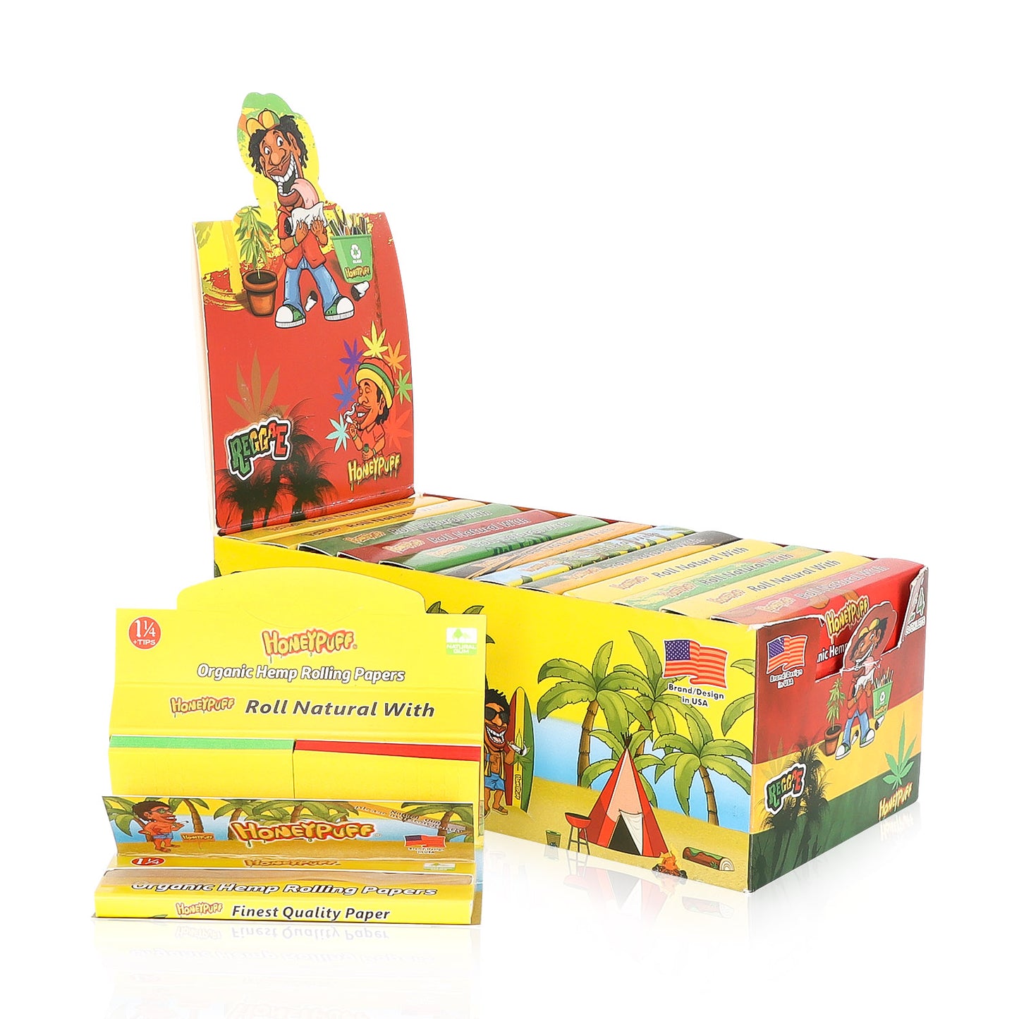 HONEYPUFF Rasta Style Rolling Papers with Rolling Tips, 1 1/4 Size Rolling Paper, Natural Slow Burning Papers, 50 PCS