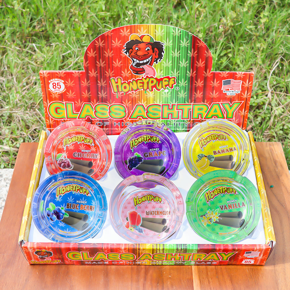 HONEYPUFF Decorative Clear Glass Ashtray, Portable Round Ash Trays, Tabletop Cigarette Ashtray with Cigarette Holder, Ø 66 mm High 35 mm Glass Ashtray, 6 PCS