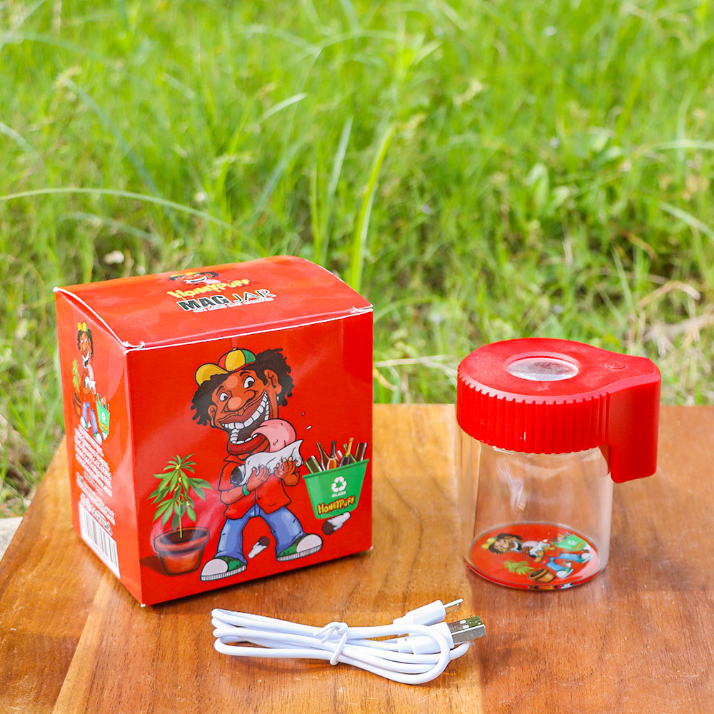 HONEYPUFF Light-Up Led Storage Jar, Air Tight & Magnifying View Jar, Red Color Jar Lid, Rechargeable Glass Jar Container 155 ml