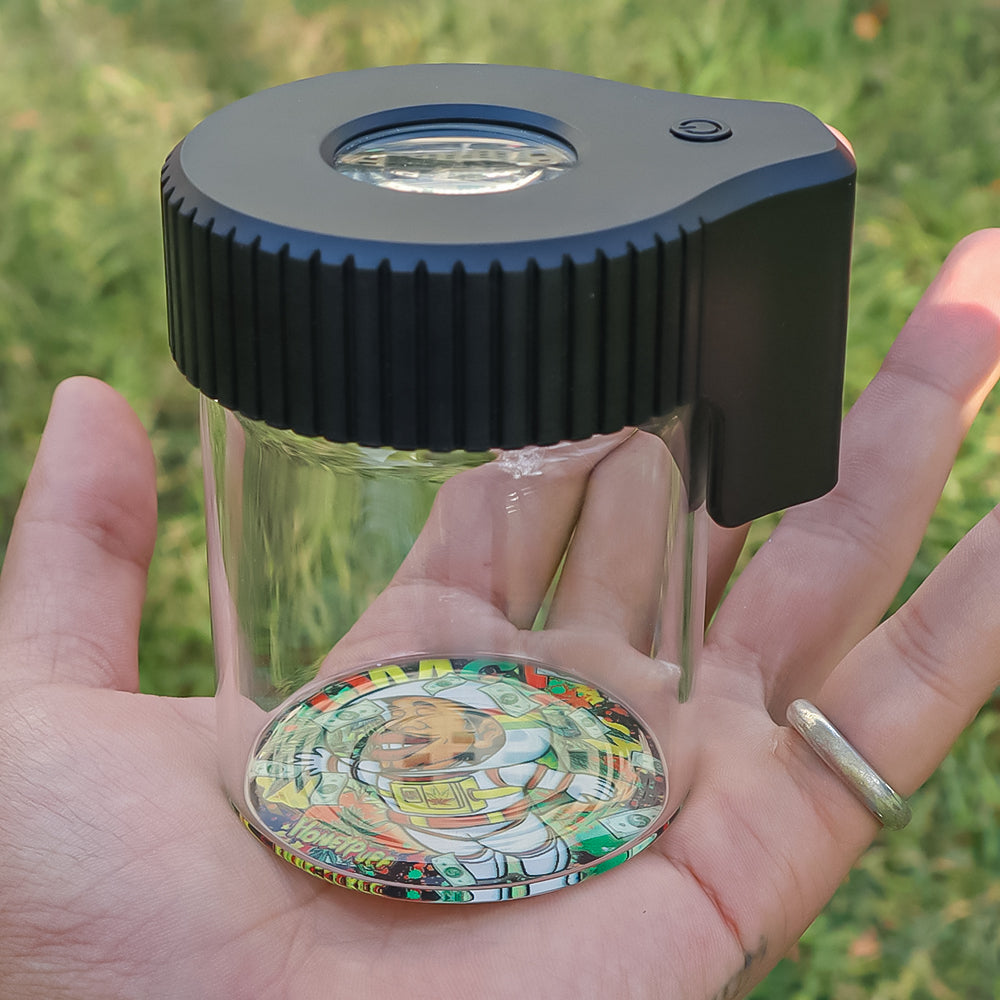 HONEYPUFF Light-Up Led Storage Jar, Air Tight & Magnifying View Jar, Black Color Jar Lid, Rechargeable Glass Jar Container 155 ml