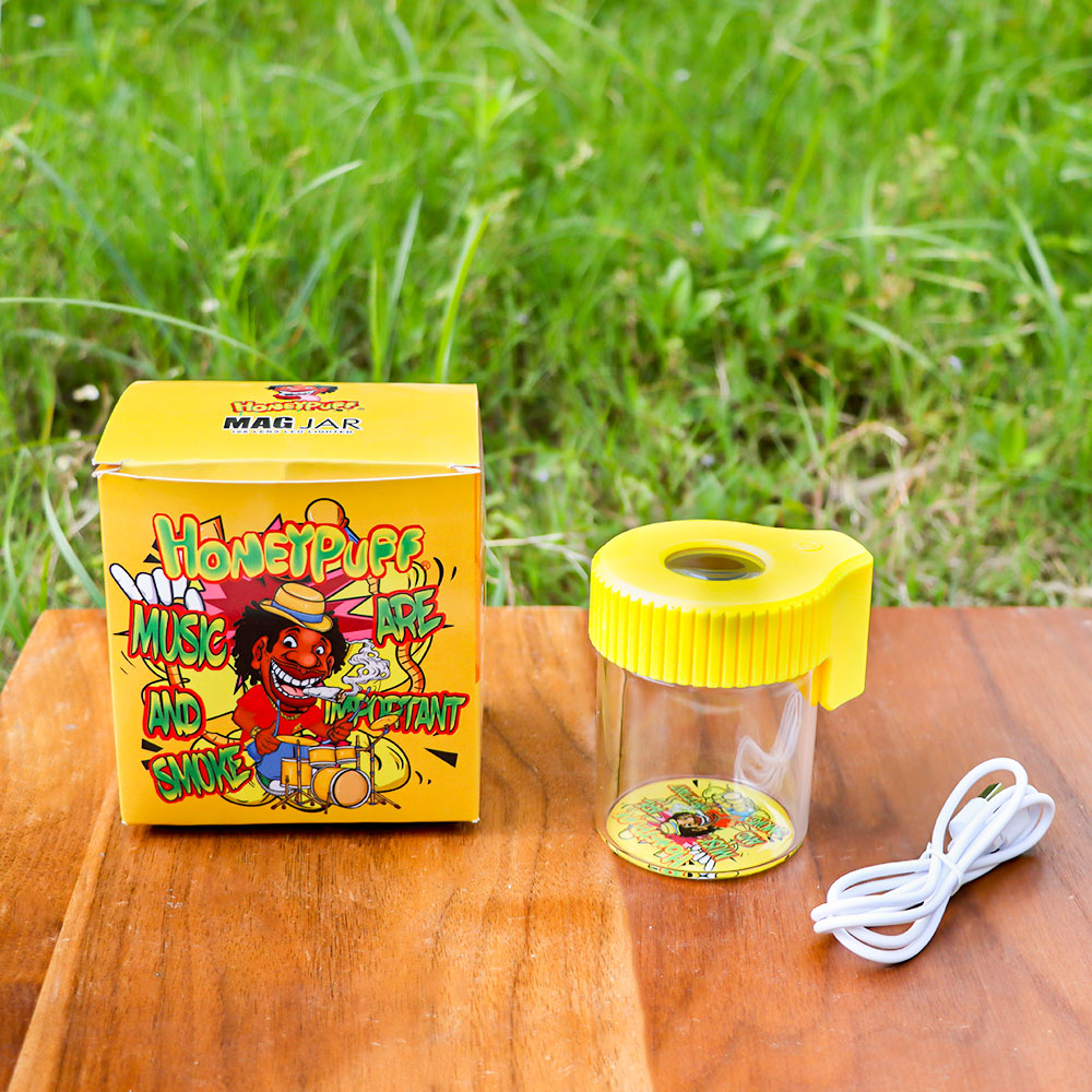 HONEYPUFF Light-Up Led Storage Jar, Air Tight & Magnifying View Jar, Yellow Color Jar Lid, Rechargeable Glass Jar Container 155 ml
