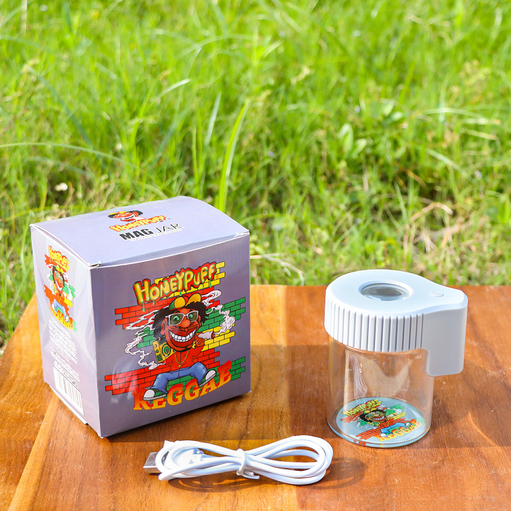 HONEYPUFF Light-Up Led Storage Jar, Air Tight & Magnifying View Jar, Gray Color Jar Lid, Rechargeable Glass Jar Container 155 ml